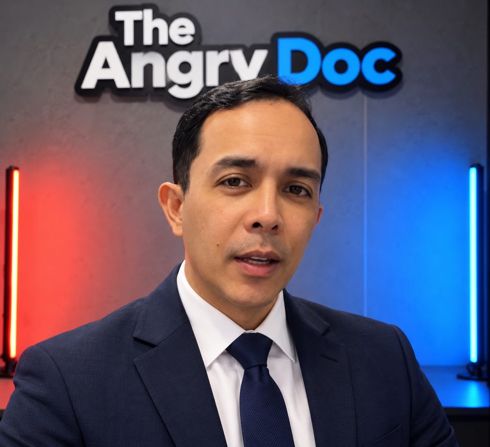 Dr. Ronald Samaniego in The Angry Doc studio, in front of the illuminated The Angry Doc sign with red and blue neon lights